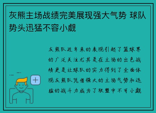 灰熊主场战绩完美展现强大气势 球队势头迅猛不容小觑