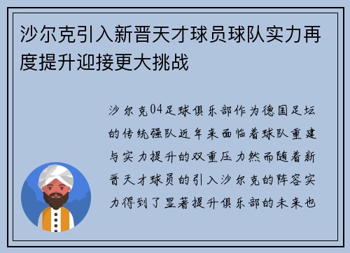 沙尔克引入新晋天才球员球队实力再度提升迎接更大挑战