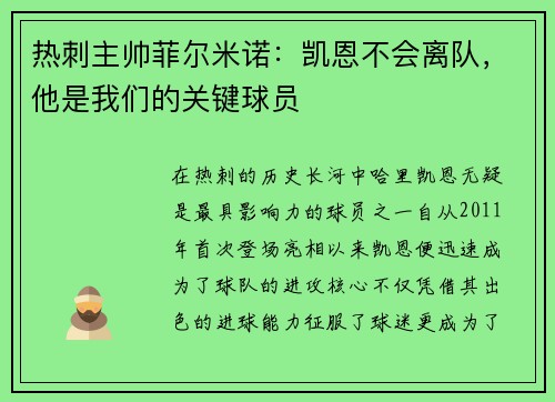 热刺主帅菲尔米诺：凯恩不会离队，他是我们的关键球员