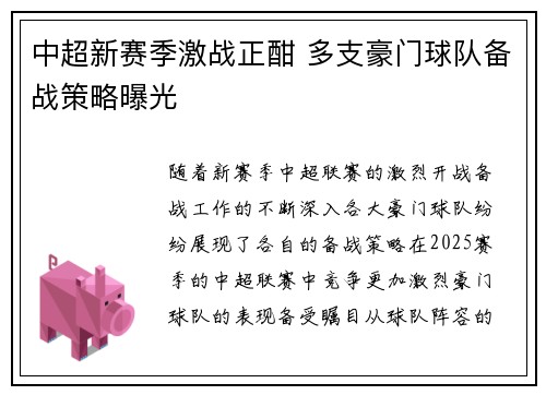 中超新赛季激战正酣 多支豪门球队备战策略曝光