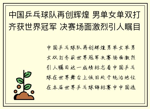 中国乒乓球队再创辉煌 男单女单双打齐获世界冠军 决赛场面激烈引人瞩目