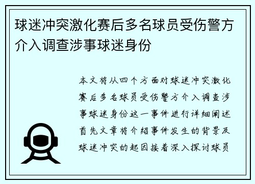 球迷冲突激化赛后多名球员受伤警方介入调查涉事球迷身份
