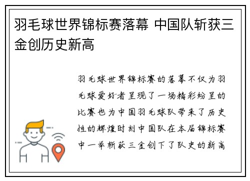 羽毛球世界锦标赛落幕 中国队斩获三金创历史新高